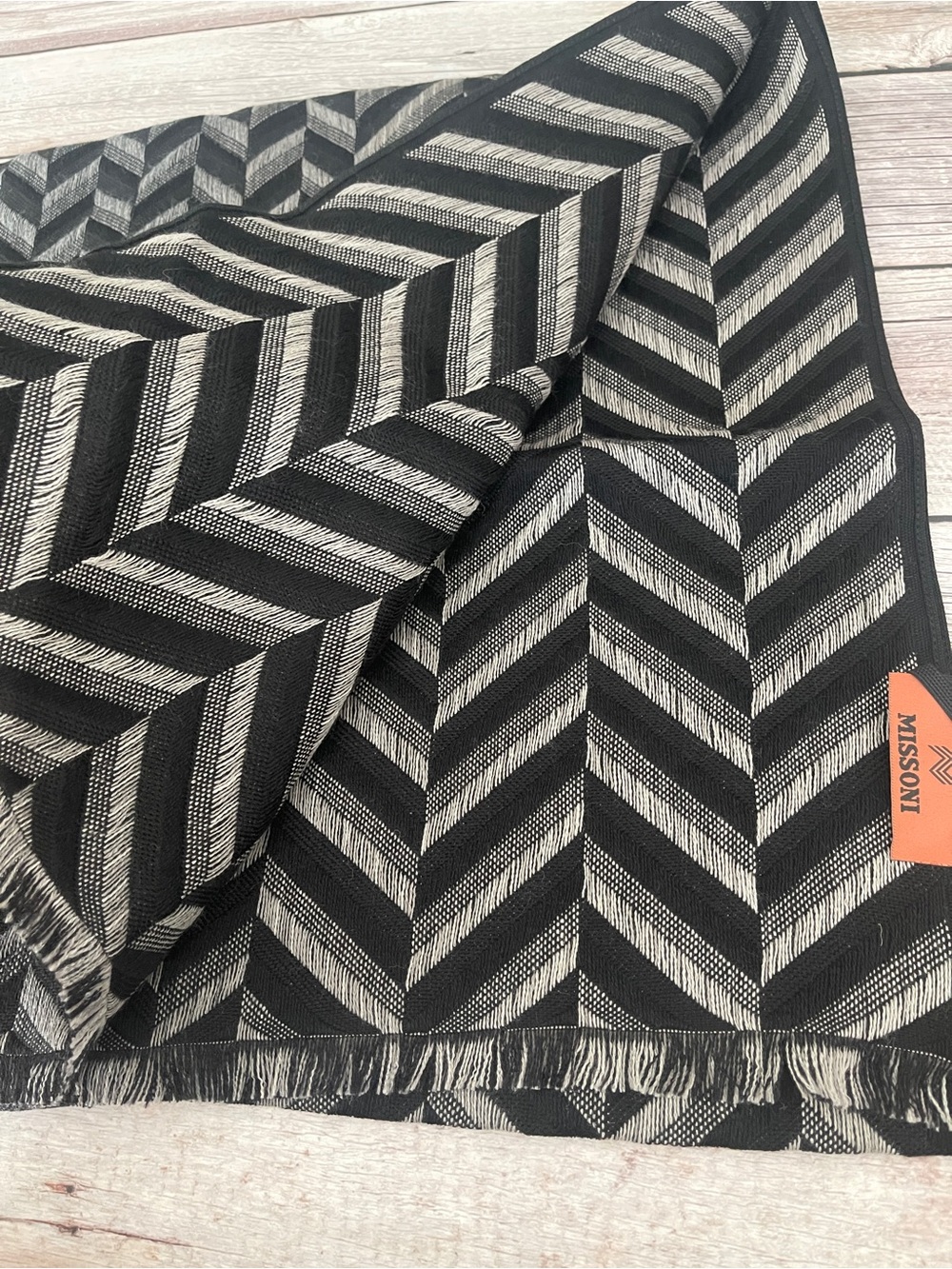 $285 New, Authentic MISSONI Herringbone Wool Blend Scarf Black Gray gift for him